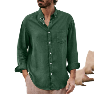 Chemise décontractée pour homme en lin et coton satiné tricoté respirant, anti-plis, à col rabattu, manches longues, boutonnage simple, couleur unie, idéale pour l'été - Product Image 1