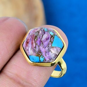 Pierre précieuse naturelle d'huître épineuse violette, faite à la main, plaquée or 18 carats sur argent sterling massif 925 - Product Image 3