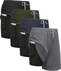 Shorts de sport athlétiques pour hommes, 2-en-1, avec doublure de compression, pour la course, la gym, l'entraînement et la randonnée, unis, en gros - Product Image 1