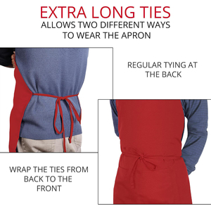 Tablier unisexe en coton rouge de qualité supérieure avec poches pour personnel de restaurant, bar, serveurs, en tissu tissé, fermeture à bouton-pression - Product Image 2