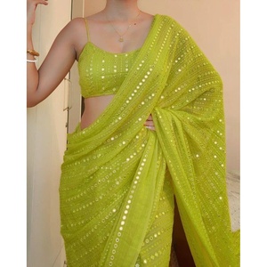 TENDANCE GEORGETTE BRODERIE SÉQUENCE TRAVAIL SAREE AVEC CHEMISIER NON COUDU CITRON - Product Image 1