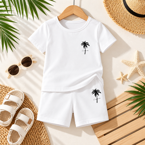 Ensemble de vêtements d'été 2 pièces pour bébés garçons et filles, T-Shirt blanc à manches courtes et short avec imprimé palmier - Product Image 5