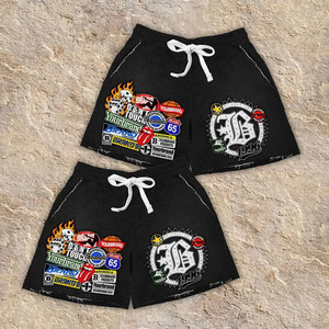 Sudadera con capucha vintage desgastada con efecto ácido y pantalones cortos deportivos personalizados, conjunto de sudadera con capucha con cremallera completa y pantalones cortos con estampado en relieve para hombre - Product Image 2