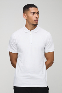 Polo à manches courtes blanc pour homme, coupe classique, tricoté, couleur unie, col zippé - Product Image 4
