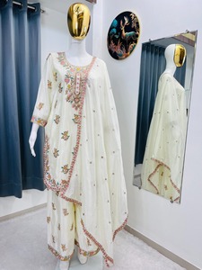 Cream Chinon Embroidered Top With Plazzo And Dupatta Traditional <b>Indian</b> Ethnic Wear For Wedding <b>Indian</b> Boutique LAtest Exclusive - Product Image 3