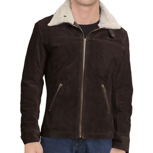 Men's Brown Suede Biker <b>Jacket</b> Polyester Lining Windproof Breathable Zipper Closure Stand Collar <b>Winter</b> Moto Coat Slim Fit - Product Image 1