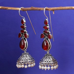 Wholesale <b>Oxidized</b> Silver Red Gemstone Bollywood Jhumka Earrings Bulk Supplier Direct Factory Manufacturer - Product Image 4