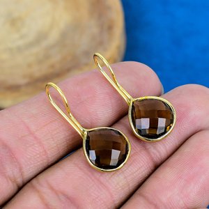Handmade Smokey Quartz Heart Shape Gemstone Hook Earrings 18k Micron Gold Over 925 <b>Sterling</b> <b>Silver</b> - Product Image 1