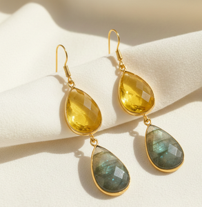 Natural Labradorite & Yellow Hydro Earrings | 15x20mm Pear | 925 Sterling <b>Silver</b> 18K Gold <b>Plated</b> | 5.5 Inch Statement Jewelry - Product Image 4