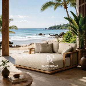 Chaise longue d'extérieur en bois avec dossier et fonction inclinable – Mobilier de piscine de style tropical - Product Image 2
