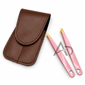 Juego de Pinzas Inclinadas de Oro Rosa con Diseño de Corazón, Estuche de Cuero Marrón, Pinzas para Cejas de Acero Inoxidable, Servicio OEM - Product Image 1