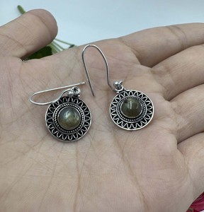 Boucles d'oreilles en labradorite naturelle, pierre ronde, plaqué argent 925, pierres précieuses, pour femmes - Product Image 5