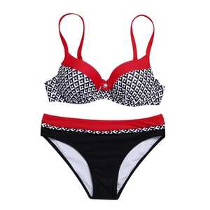 Women Geometric Print <b>Bikini</b> <b>Set</b> Push Up Top Hipster Bottom Contrast Binding Red Black <b>White</b> Stretch Swimwear - Product Image 3