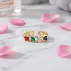 Anillo Ajustable de Moda para Mujer, Chapado en Oro Sólido, Latón Antideslustre, Joyería con Piedras Preciosas Naturales, Anillos Personalizados con Circonitas Cúbicas Multicolores Arcoíris - Product Image 1