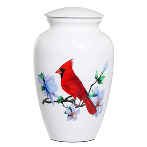 Urne funéraire en aluminium blanc, très vendue, avec motif de cardinal rouge et de fleurs bleues, pour cendres humaines, grande urne commémorative pour adultes. - Product Image 1