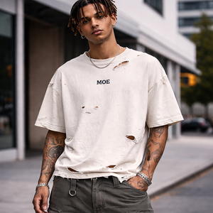 Camiseta de hombre de algodón de alto gramaje, estilo streetwear, corta, oversize, lisa, personalizable, con lavado vintage, corte boxy y efecto desgastado, OEM - Product Image 1