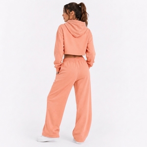 Custom Women's Winter Solid Casual Cropped Hoodie Jogger <b>Set</b> OEM ODM Private Label 100% Cotton Fleece Breathable - Product Image 2