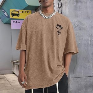 Camiseta de algodón lavado oversize para hombre, manga corta, cuello redondo, color liso, estilo casual, tejido de punto, antiencogimiento - Product Image 2