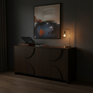 Buffet en bois moderne demi-cercle, meuble de rangement en bois à 4 portes avec panneau en arc, design moderne en arc - Product Image 4