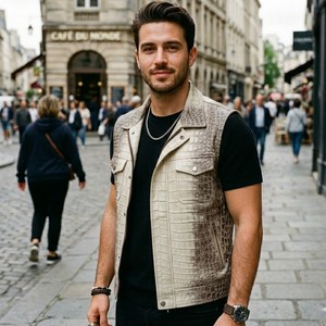 Gilet de moto en cuir véritable pour homme, coupe-vent et respirant, idéal pour l'automne et les tenues de course - Product Image 2