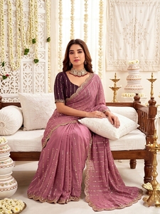 <b>Purple</b> Georgette Silk <b>Saree</b> Sequin Embroidered Traditional Indian Wear for Wedding Party Women Sun Protection All Seasons - Product Image 6