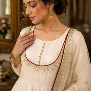 Women Pure Roman Cotton Embroidered Gown <b>Pant</b> Set with Soft Organza Dupatta <b>Sequin</b> Thread Work Designer Ethnic Wear Party We - Product Image 5