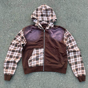 Custom Plaid Contrast Zip Hoodie Vintage Wash Distressed Streetwear Jacket Oversized OEM ODM Private Label Distressed Hoodies - Product Image 1