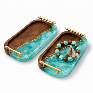 Plateau de service de luxe en bois de noyer et résine époxy bleue avec poignées en forme de branche dorée, plat décoratif pour la maison, l'hôtel, la cuisine, ensemble d'art, vente en gros - Product Image 4