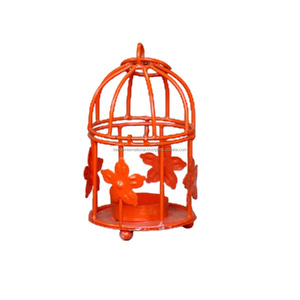 <b>Cage</b> Design Round Iron Tea <b>Light</b> Candlestick Holder With Orange Color Finished For Lighting Unique Metal Candle Holder - Product Image 1