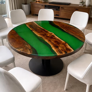 Table basse de luxe ronde en résine époxy verte avec des dalles de bois à bords naturels, meubles modernes faits à la main, écologiques, pour Diwali - Product Image 1