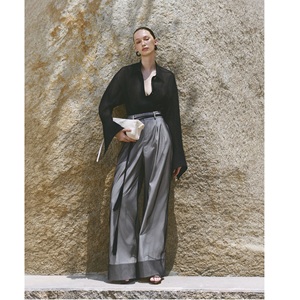 Pantalones de mujer al por mayor, elegantes, de pierna ancha con paneles de malla, ODM, de tela de malla brillante, nuevos pantalones de mujer de pierna ancha - Product Image 6