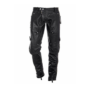 Pantalon en cuir noir pour homme, taille haute, coupe droite, style motard, avec poches, fermeture boutonnée, pour l'hiver - Product Image 1