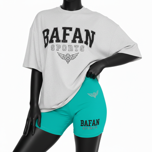 Ensemble T-shirt et short pour femme en mélange de coton de qualité, gris clair et vert sarcelle, avec logo personnalisé par transfert thermique, 100% coton - Product Image 4