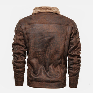 <b>Men's</b> Vintage Distressed Faux <b>Shearling</b> Lined Breathable Stand Collar Front Logo Aviator Pilot Winter Bomber <b>Jacket</b> - Product Image 2