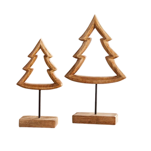 Juego de 2 árboles de Navidad de madera recortada, adorno de mesa de madera natural con soporte de metal, figura navideña - Product Image 1