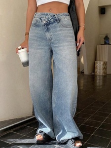 Jeans de Mezclilla de Cintura Alta y Pierna Ancha, Lavado a la Piedra, Corte Holgado, Estilo Casual, Tela de Algodón de Peso Medio, para Primavera - Product Image 4