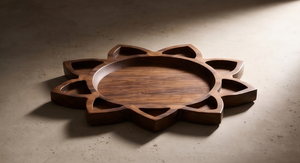 Plateau de service unique en bois en forme de lotus, en bois de manguier foncé, avec contour en rayures solaires et bord segmenté - Product Image 5