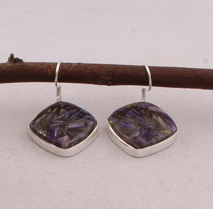 925 Sterling <b>Silver</b> Purple Copper Charoite <b>Earrings</b> Natural Composite Gemstone Diamond Shape <b>Dangle</b> <b>Earrings</b> Handmade Jewelry - Product Image 1