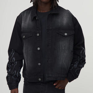 Men's Denim <b>Jacket</b> With <b>Sequined</b> Dot Pattern Turn-down Collar Zipper Closure Casual Autumn Wear - Product Image 2