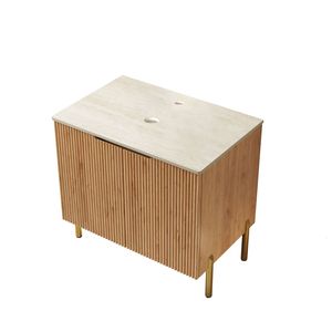 Mobile bagno Turio 30'' freestanding con piano in pietra sinterizzata effetto travertino Roma e mobiletto in compensato con venature naturali del legno - Product Image 2