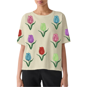 Camiseta de Mujer Lista para Enviar, Casual, Holgada, 100% Algodón, Transpirable, Cuello Redondo, con Lentejuelas, Bordado de Rosas, Adorno de Cuentas, Manga Media, Personalizada - Product Image 1