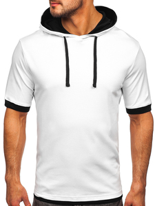 T-shirt à capuche blanc pour homme, manches courtes, bordure contrastée, coupe classique, tricoté, couleur unie, style décontracté - Product Image 6