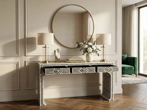 Console Art Déco avec incrustations géométriques pour la décoration d'entrée, mobilier moderne d'intérieur, forme rectangulaire, en bois - Product Image 4