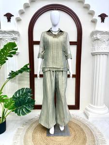 Green Linen <b>Indian</b> Pakistani Set Embroidered Collar Loose Fit Short Sleeve <b>Top</b> and Wide Leg Pants Summer Wear - Product Image 1
