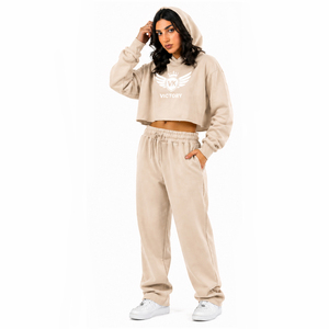 <b>Women</b> <b>Beige</b> Cropped Hoodie <b>Tracksuit</b> Set Custom Logo VK Victory Sweatshirt & Jogger Set Casual Streetwear Two Piece Outfit - Product Image 2