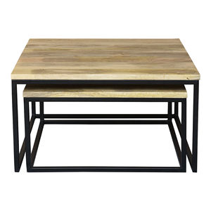 Juego industrial de 2 mesas de centro cuadradas de madera maciza de mango y base de metal, estilo europeo, hechas a mano, con acabado negro y natural. - Product Image 4