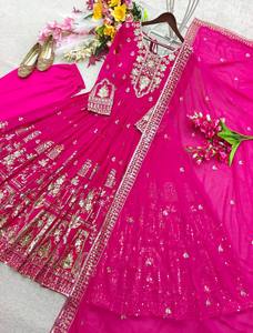 Robe Anarkali en rayonne brodée rose avec dupatta, longueur ras du sol, tenue traditionnelle indienne et pakistanaise pour femmes, robe de mariage - Product Image 5
