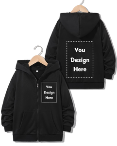 Customizable Kids Hooded Zip-Up Sweatshirt 100% Cotton Eco-Friendly Solid Black Printed Design Front and Back Casual Winter Wear - Product Image 1
