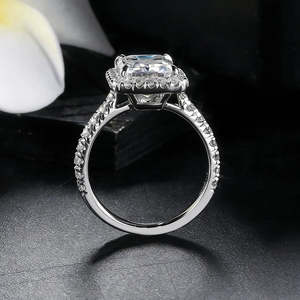 Premium <b>Emerald</b>-Cut Moissanite Halo Engagement <b>Ring</b> 925 Sterling <b>Silver</b> Prong Setting Elegant Bridal Band Rhodium Plated - Product Image 5