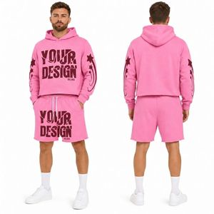 Ensemble de survêtement rose en coton pour homme, 2 pièces, imprimé graphique, tenue décontractée streetwear avec capuche en polaire douce et short assorti - Product Image 1